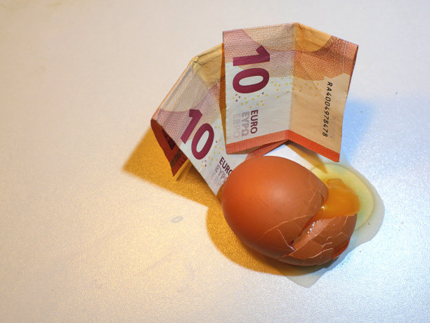 10欧元纸币靠近一个破鸡蛋，白色背景。图片下载