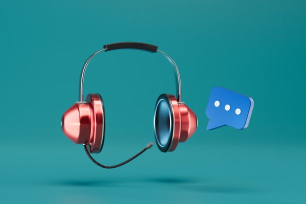 收听语音信息。耳机与麦克风和信息图标在蓝绿色背景。三维渲染图片下载