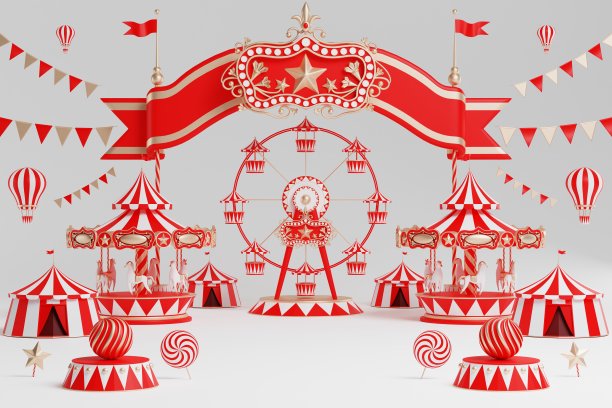 3d游乐园，马戏团，嘉年华博览会主题讲台与许多游乐设施和商店马戏团帐篷3d插图图片下载