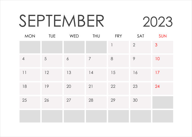 2023年9月的日历，简约风格。从星期一开始。图片下载