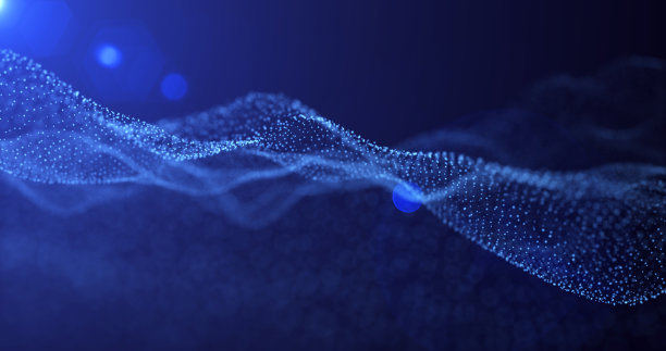 未来抽象的蓝色发光波线从点和粒子的闪光像素神奇的能量发光的霓虹灯在阳光。抽象的背景。屏幕保护程序图片下载