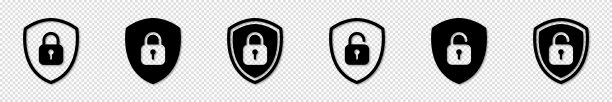 设置盾锁和解锁图标。挂锁象征。矢量符号说明。图片下载