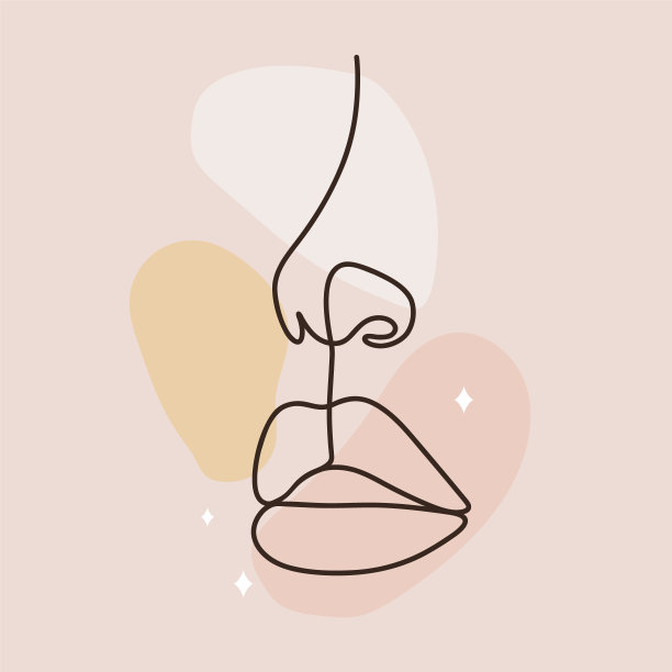 女性的嘴唇和鼻子在一条线的绘画风格。彩色斑点上的嘴廓形。永久性或纹身化。美容工作室标志。线性矢量插图在时尚的极简主义风格图片下载