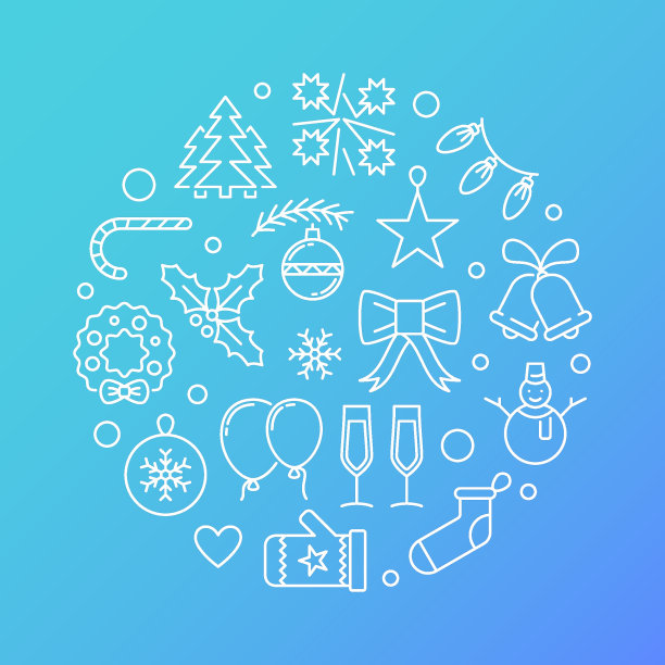 新年快乐大纲圆形蓝色矢量插图图片下载