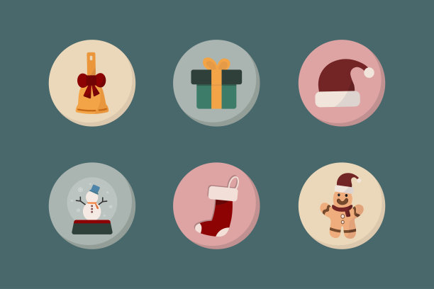圣诞图标在多色圈孤立的深绿色背景。图片下载
