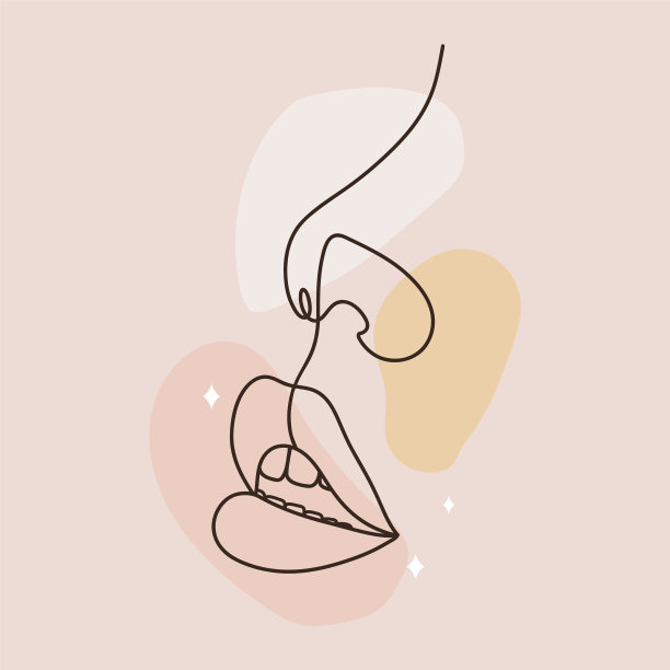 女性的嘴唇和鼻子在一条线的绘画风格。彩色斑点上的嘴廓形。永久性或纹身化。美容工作室标志。线性矢量插图在时尚的极简主义风格图片下载