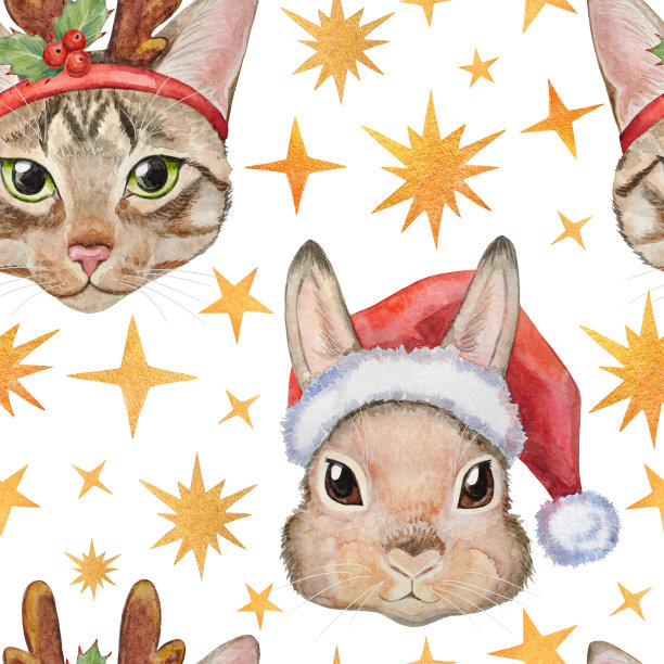 水彩新年无缝模式与节日猫和兔子肖像，和星星。图片下载