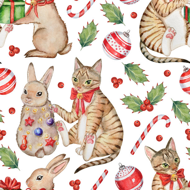水彩新年无缝图案与节日兔子和猫，和节日元素。图片下载