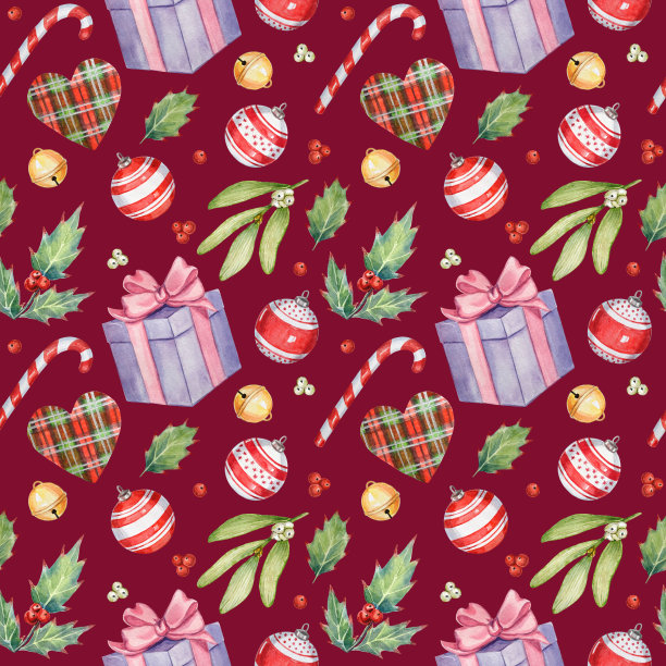 水彩画圣诞无缝图案与节日元素。图片下载