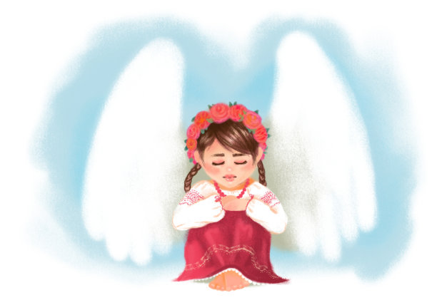 手绘的小乌克兰女孩的形象，在民族服装。守护天使图片下载