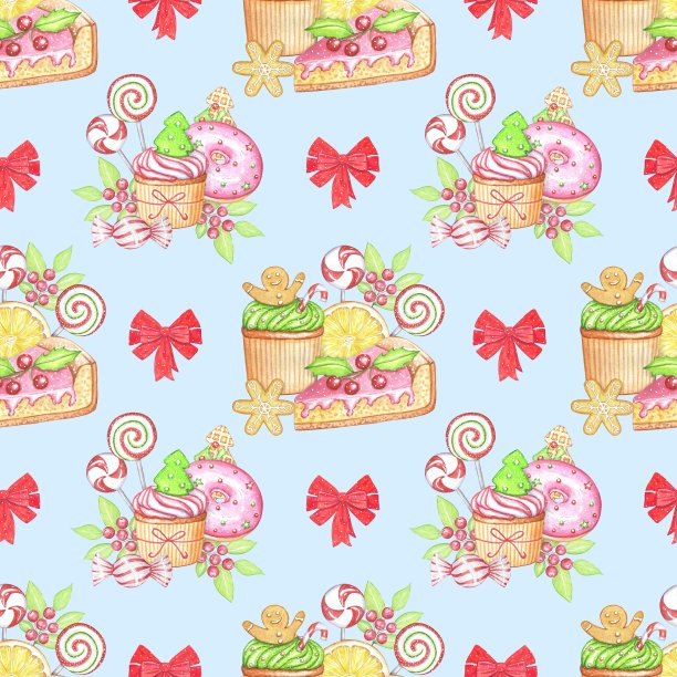 无缝图案与圣诞糖果，水彩图片下载