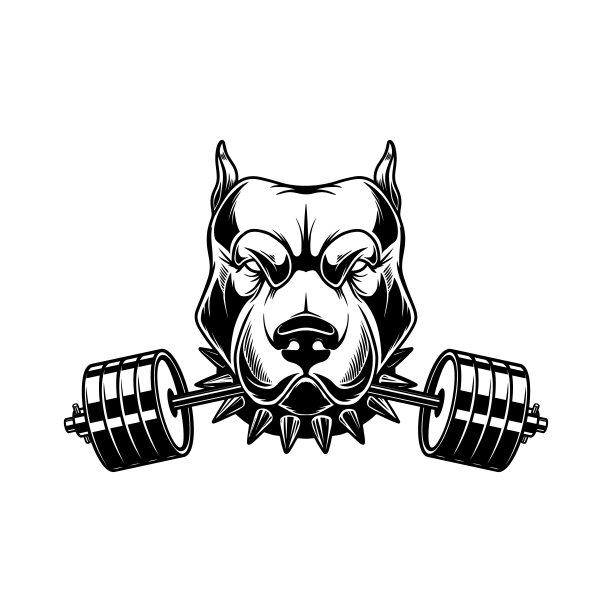 愤怒的狗头，牙齿上有杠铃。标志、徽章的设计元素。矢量图图片下载