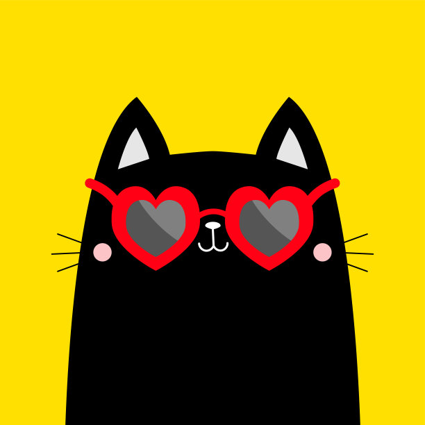 猫戴着红色的心形太阳镜和眼镜。有趣的太阳镜。黑色镜片，红色镜框。可爱的卡通人物卡哇伊。眼镜里的小猫。黄色背景。平面设计图片下载