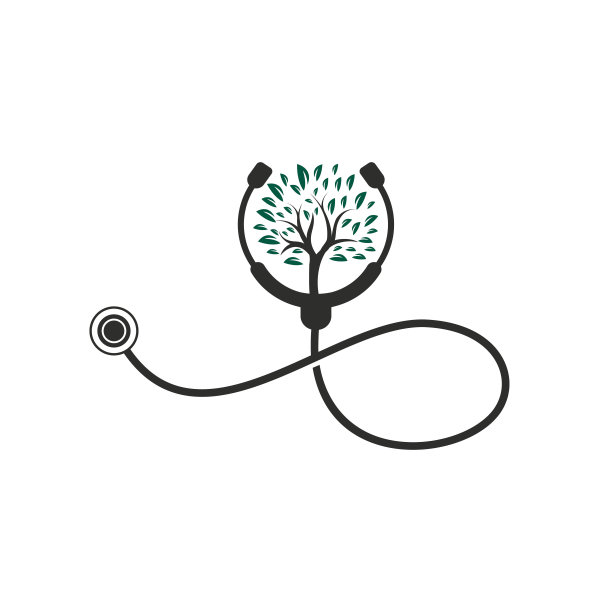 健康听诊器矢量标志设计。听诊器与树图标矢量设计。图片下载