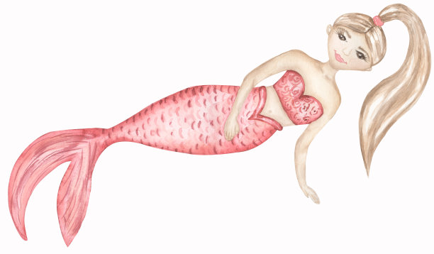 粉色美人鱼水彩水下插画（儿童剪贴画）图片下载