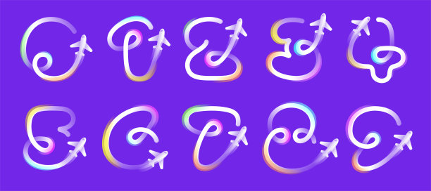 数字集由一个梯度线与平面图标和彩虹闪耀。重叠的多色标志。图片下载