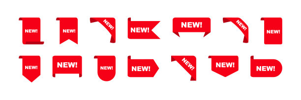 新标签设置。贴纸用于新到货店产品标签。商店产品的贴纸。贴纸标签新的彩带图标徽章标签。矢量图图片下载