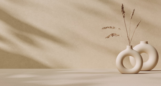极简主义的室内装饰与陶瓷花瓶和干燥的植物，墙壁上最小的阴影中性粉色3d渲染美学背景图片下载