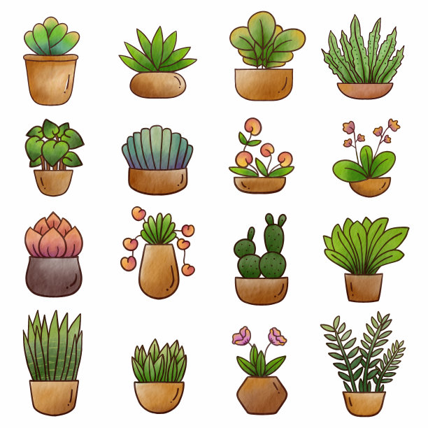 盆栽手工彩绘盆栽植物用于家居装饰水彩图片下载