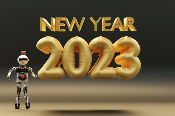 机器人圣诞老人2023新年快乐打开礼盒金色数字标志2023圣诞快乐背景。圣诞节销售礼物节日装饰天空节日礼物惊喜现实图片下载