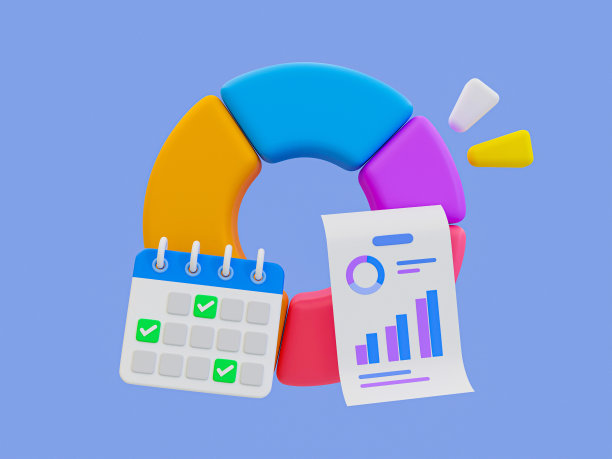 3d最小营销策略概念。业务分析。营销数据分析。带日历和统计纸的饼图。3 d演示。图片下载