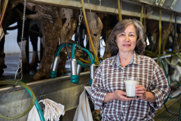 一位老妇人站在一台挤奶机旁，手里拿着一杯牛奶图片下载