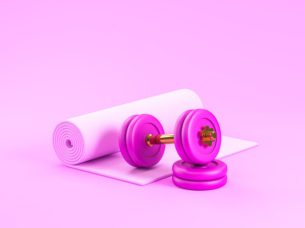 运动健身配件集瑜伽垫和哑铃在粉红色的背景。健身和运动对象概念。三维插图绘制图片下载