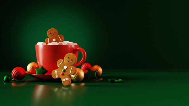 红色杯子，可可和姜饼人曲奇棉花糖在深绿色背景。三维渲染图片下载