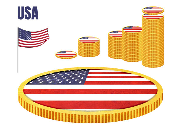 白色背景上印有美国国旗的金币图片下载