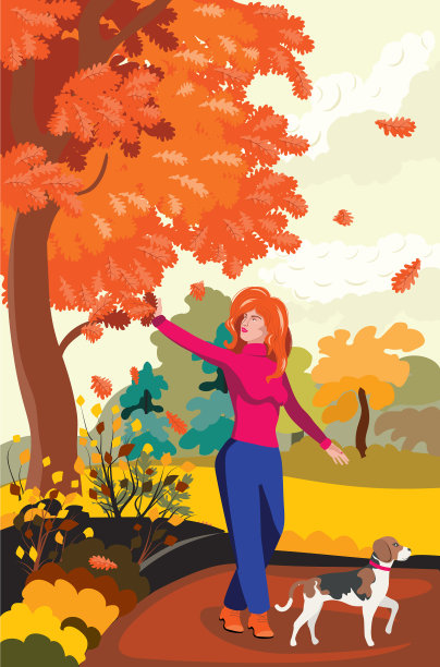 秋天公园里的女孩和小猎犬图片下载