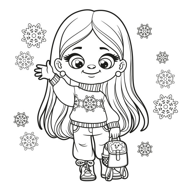 可爱的卡通长发女孩在毛衣与一个图片下载