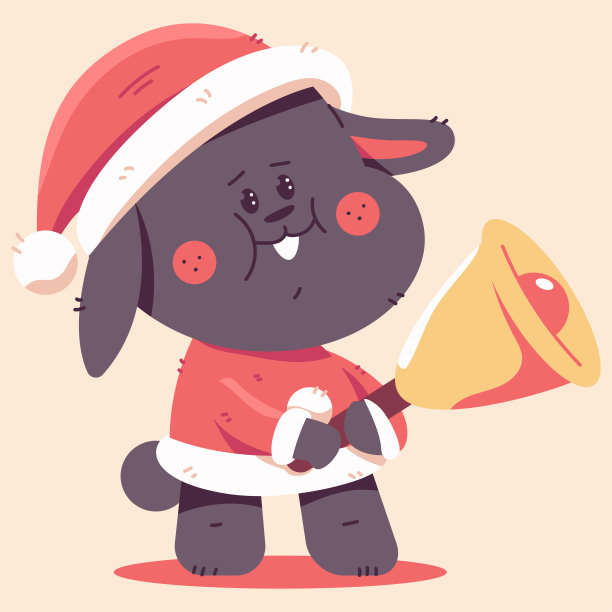 可爱的圣诞黑兔在圣诞老人服装与金钟矢量卡通搞笑动物人物孤立的背景。图片下载