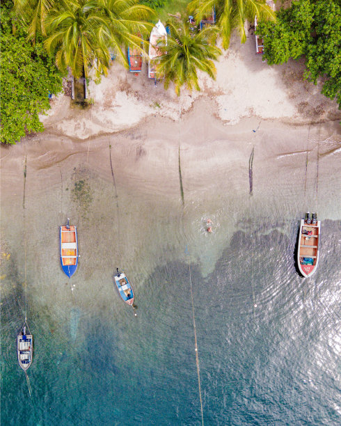 瓜德罗普岛Les saintes的渔船海滩鸟瞰图图片下载