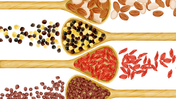 在勺子上手绘的中草药水彩插图图片下载