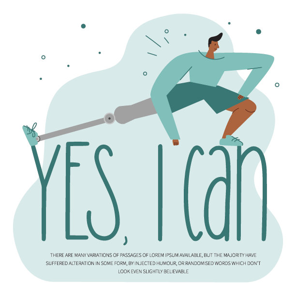 矢量插图运动男子出生异常，有仿生腿，钛脚，植入或假体和短语是，我可以。图片下载