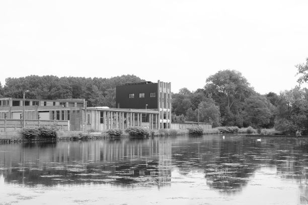 黑白照片的老建筑周围的湖泊和郁郁葱葱的自然在白天图片下载