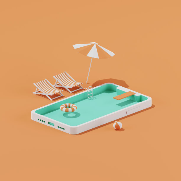等距沙滩椅，智能手机上的充气环和雨伞，夏季概念的3d渲染。图片下载