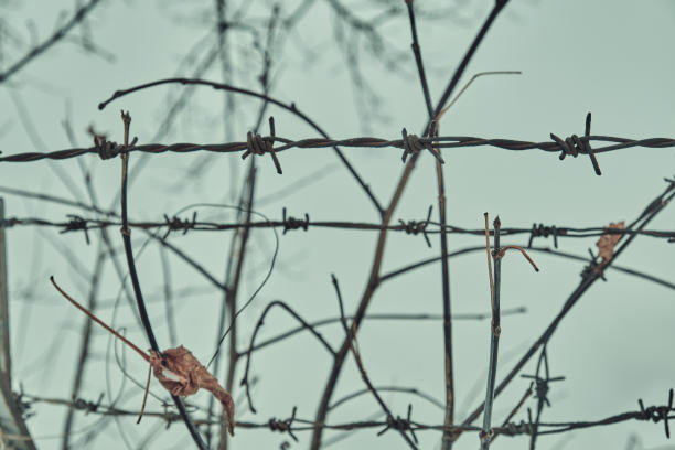 混凝土栅栏上的旧铁丝网，冬天的雪很大特写选择性聚焦图片下载