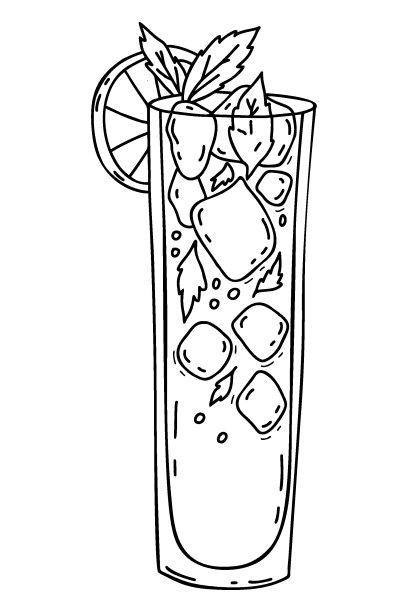 墨西哥鸡尾酒柠檬水。拉丁美洲的一种饮料，加龙舌兰酒、冰块、薄荷叶和酸橙。矢量线性手绘涂鸦风格图片下载