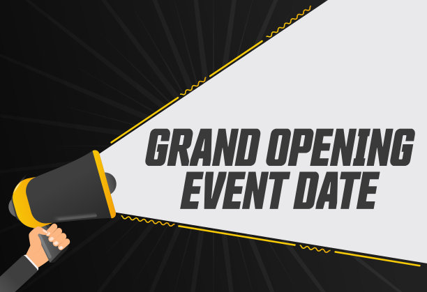 盛大开业日期。扩音器在手宣传横幅。促销广告，营销演讲或客户支持向量图片下载