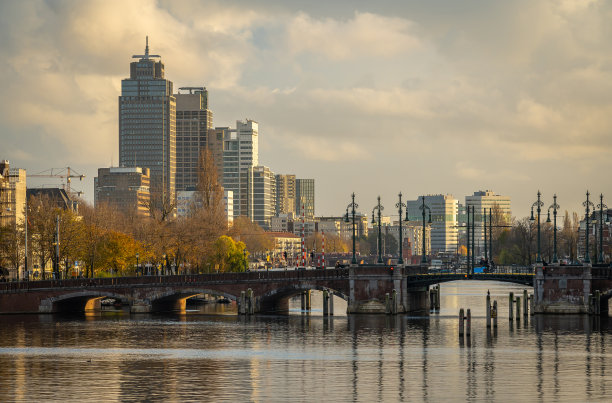 阿姆斯特丹的天际线与阿姆斯特尔河在前景和现代高层办公大楼在欧姆瓦尔附近图片下载