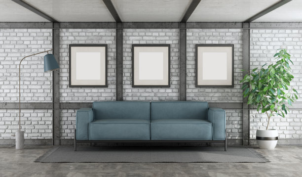 客厅在阁楼，蓝色的现代沙发图片下载