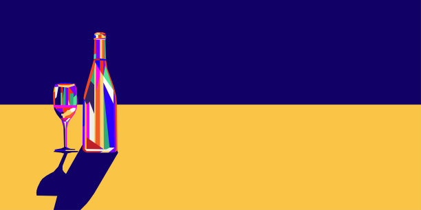 矢量插图色彩鲜艳的一瓶葡萄酒和一杯葡萄酒或酒精饮料图片下载