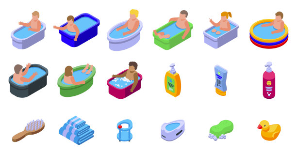 洗澡的婴儿图标设置等距矢量。刚出生的婴儿图片下载