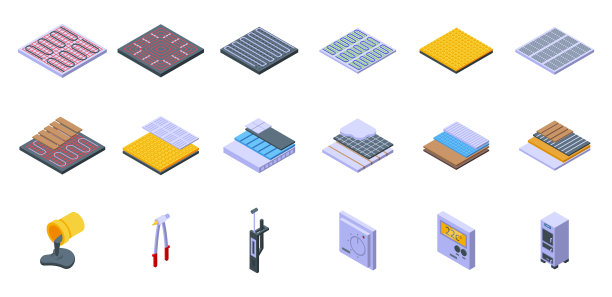 暖地板图标设置等距矢量。热层图片下载