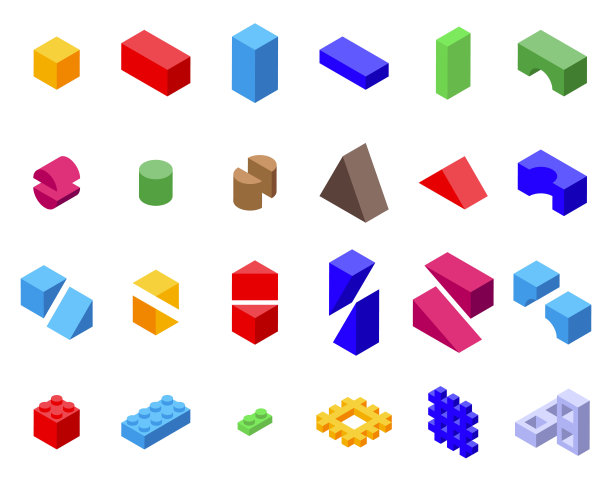 儿童积木图标设置等距矢量。木制玩具图片下载