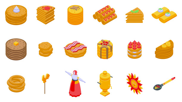 煎饼周图标设置等距矢量。食物黄油图片下载