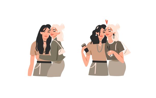 矢量插图两个幸福的微笑，美女闺蜜拥抱在一起喝咖啡鸡尾酒。孤立的插图。卡通人物设计理念。最好的朋友在一起矢量。图片下载