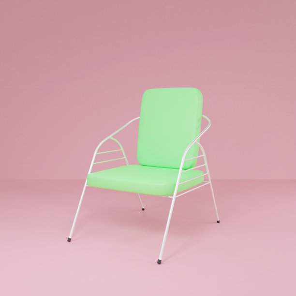3D逼真的椅子。白色钢架椅子和绿色靠垫在一个粉红色的房间，模拟对象。3D渲染插图。图片下载