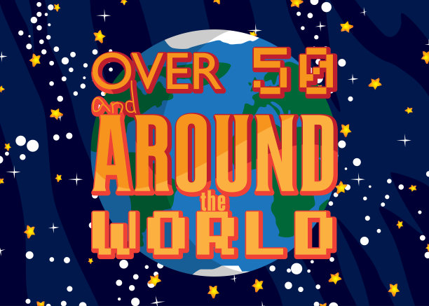 行星地球与超过50和世界各地的文本。卡通矢量插图。背景是太空和宇宙。图片下载